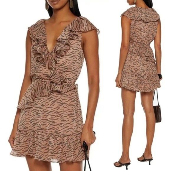 WALTER BAKER Shelly Wrap-Effect Ruffled Tiger-print Crepon Mini Dress - Picture 1 of 14